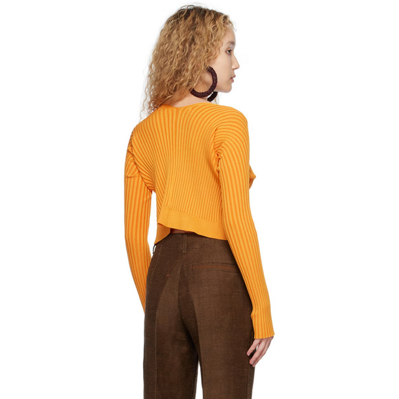 JACQUEMUS Women's 34 Orange Le Raphia Rib Knit Scoop Logo Gold Cardigan NWT - Picture 3 of 6